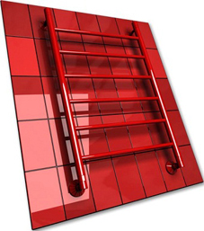 красный глянцевый полотенцесушитель в форме лесенки с прямыми перекладинами