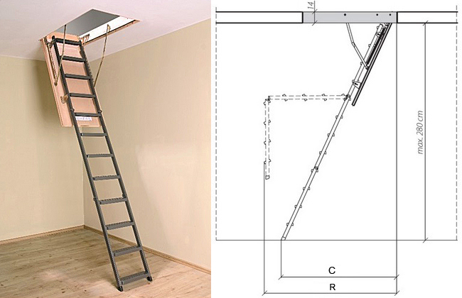 Металлическая раскладная чердачная лестница lms, размеры лестницы
